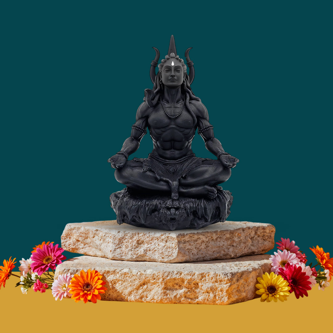 Adiyogi Shiva Meditation Idol for Car Dashboard – Matte Black with Golden Detailing