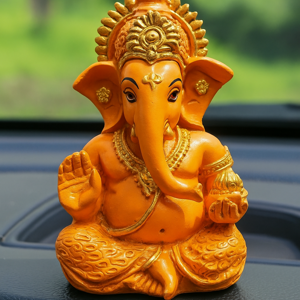 Divine Lord Ganesha Idol for Car Dashboard – Orange & Gold Finish